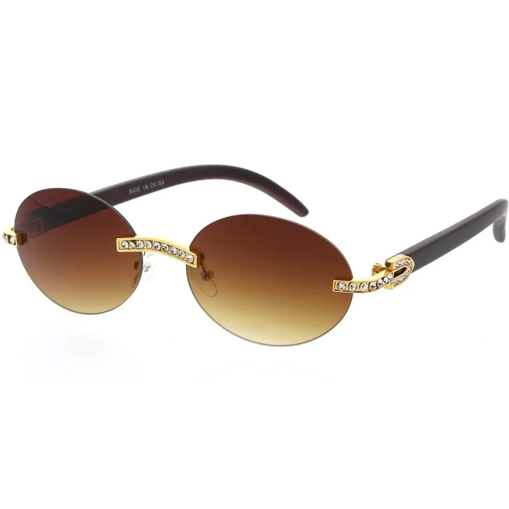 Rimless Sunglasses Oval Lens Wood Grain Frame Rhinestone Accents‎ Men Gafas 2026